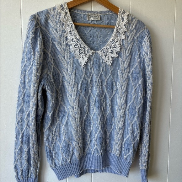 Blue Cable Knit Sweater with Lace Collar - Picture 3 of 7